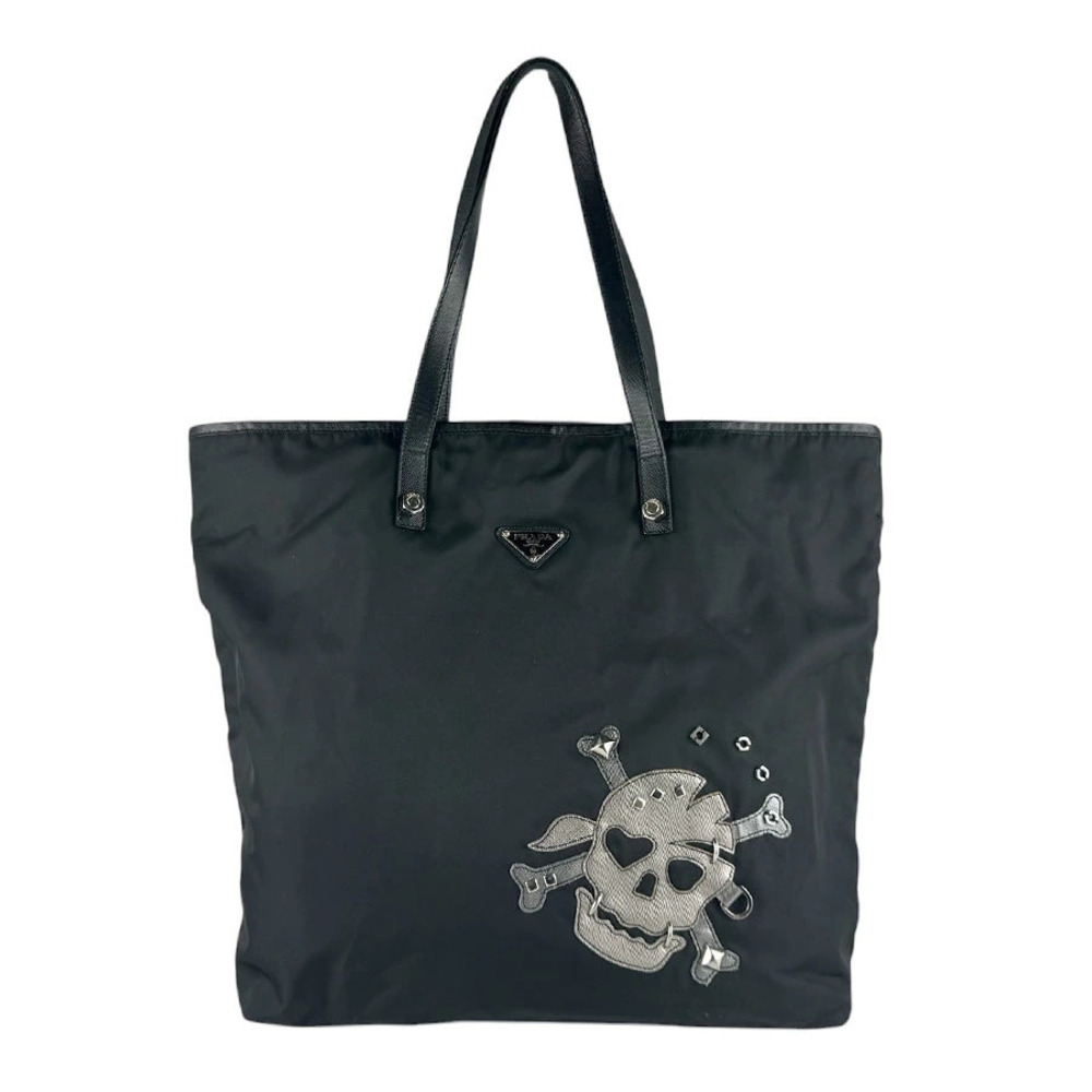 Prada black Tessuto tote bag metallic skull crossbones stud
